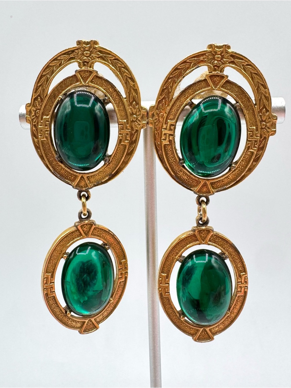 Vintage Byzantine Style Green Lucite Cabochon Clip On Earrings Regency Dramatic